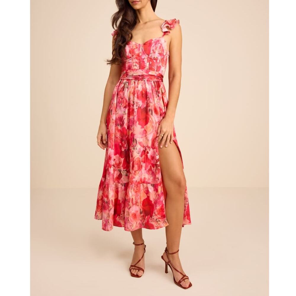 NEW Lulus Sweet Like Sangria Pink Floral Ruffled Bustier Tie Midi Dress Small